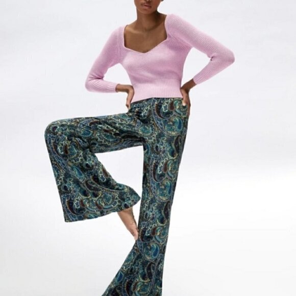 Zara Printed Flared High Waisted Green Paisley Pants NWT Size Small - Picture 4 of 16